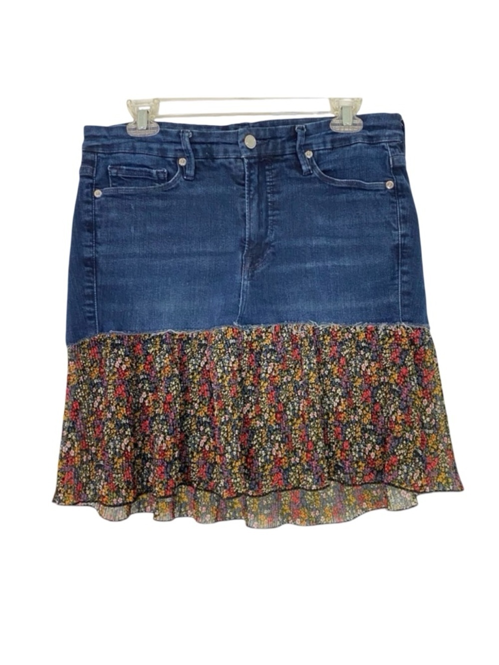 Good American Denim Jean Skirt Womens Size 14 XL Floral Handmade Wearable Art